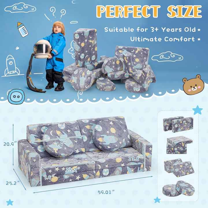 Sofá modular versátil para sala de jogos infantil com 12 peças e brilho verde