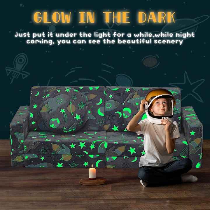 Sofá modular versátil para sala de jogos infantil com 12 peças e brilho verde