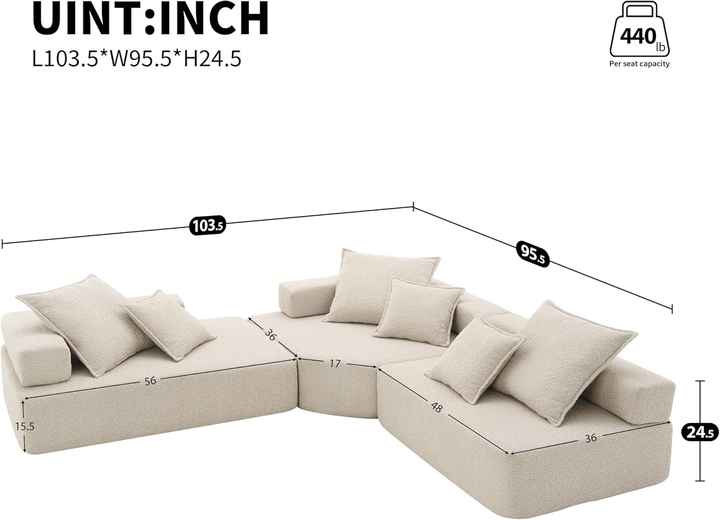 Conjunto de sofá modular comprimido em formato de L superdimensionado