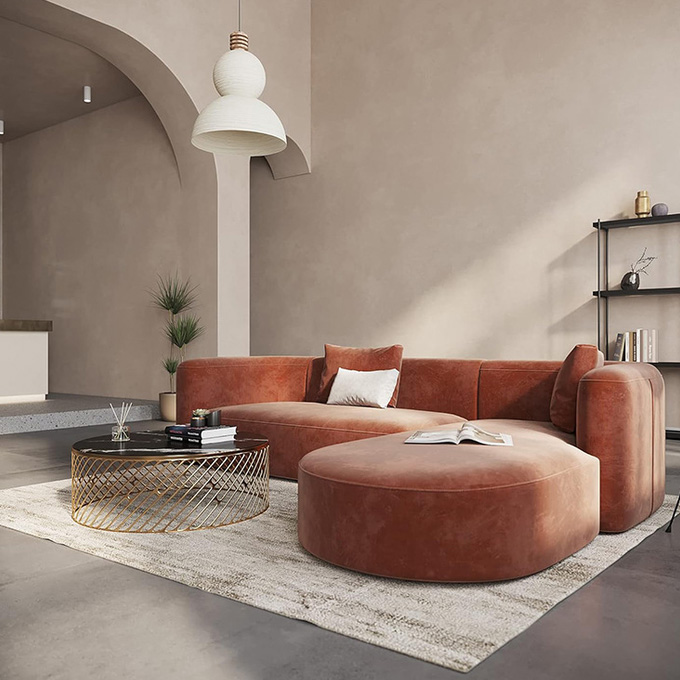 Sofá de espuma curvada de alta densidade com 3 lugares para casa e hotel