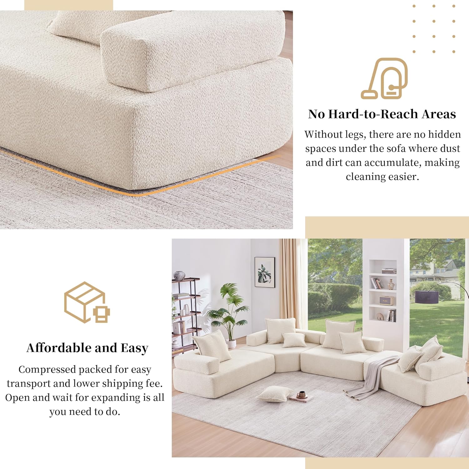 Conjunto de sofá modular comprimido em formato de L superdimensionado