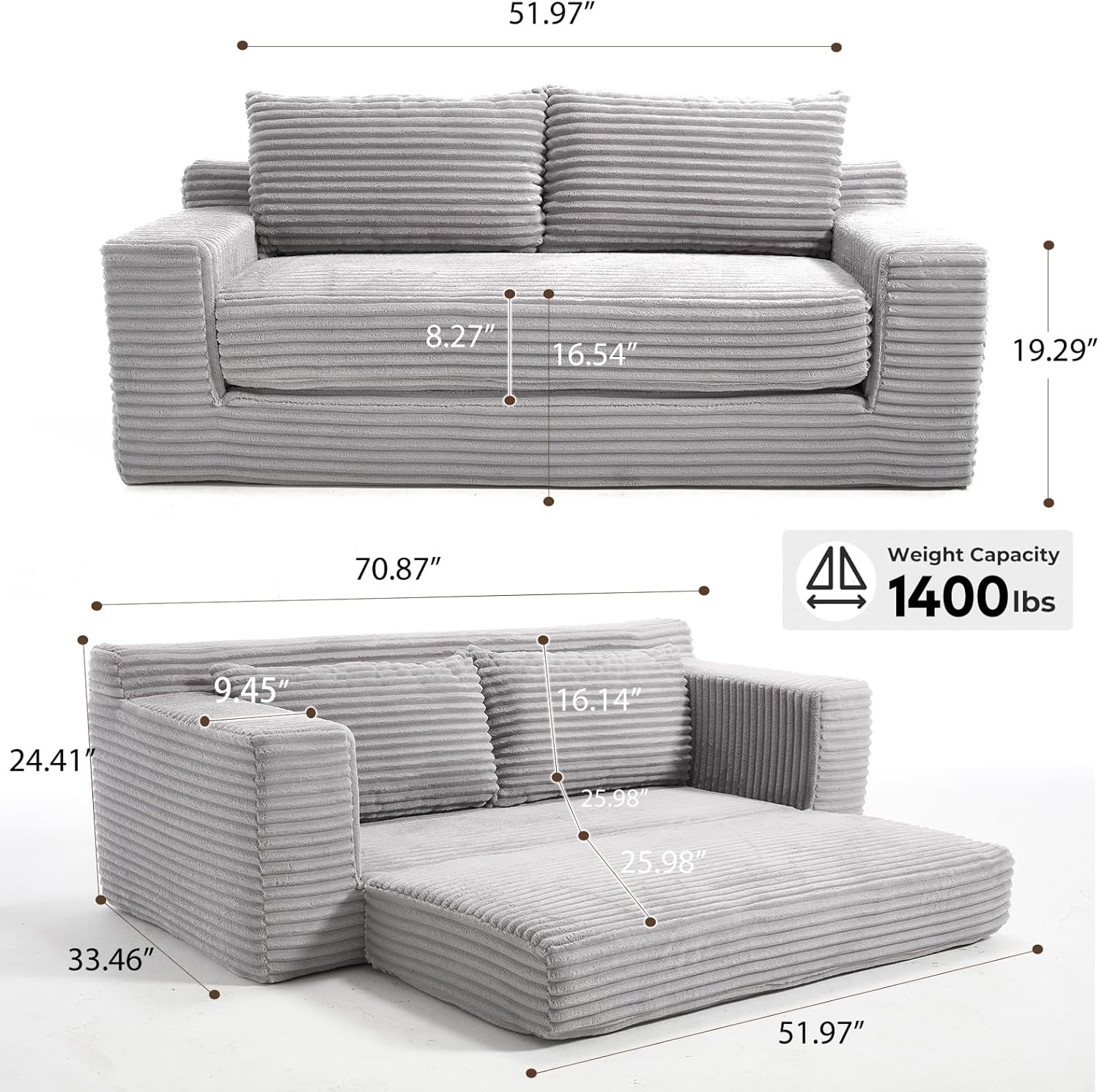 Sofá de compressão de 70" com assento profundo e confortável para sala de estar ou apartamento