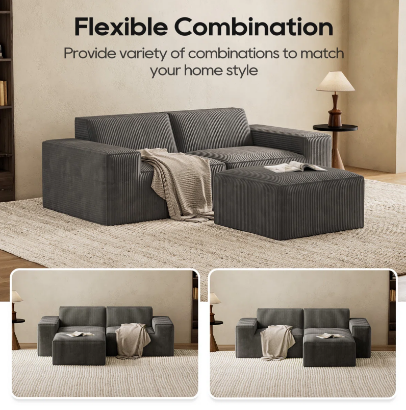 Sofá modular secional de veludo cotelê de 2 lugares com vácuo comprimido