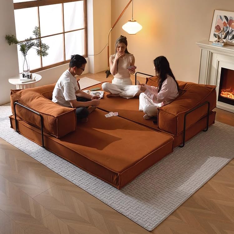 Sofá-cama secional conversível, almofada retangular e braço