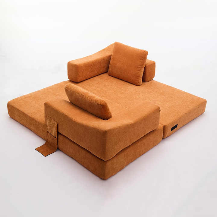 Sofá-cama secional conversível, almofada retangular e braço