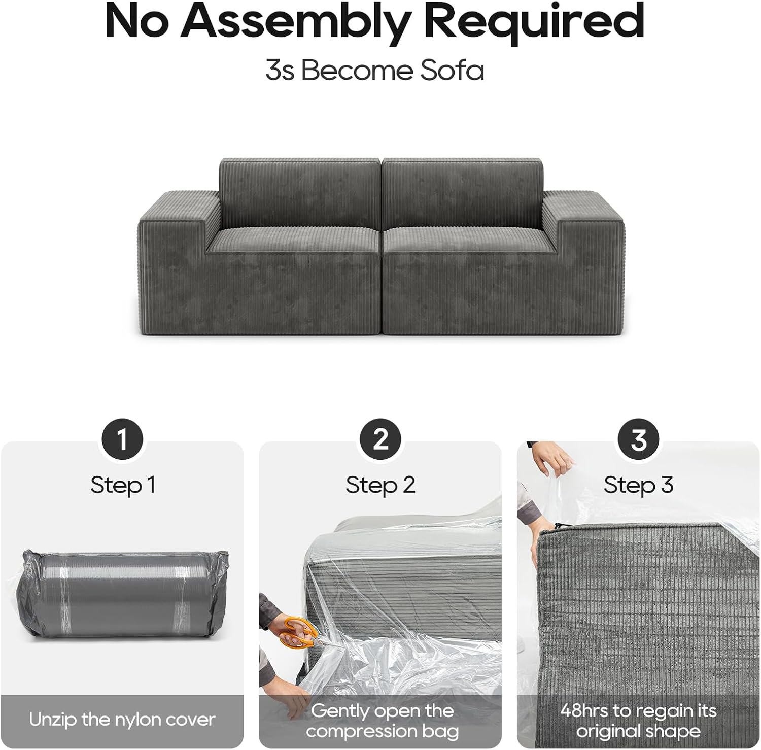 Sofá modular secional de veludo cotelê de 2 lugares com vácuo comprimido