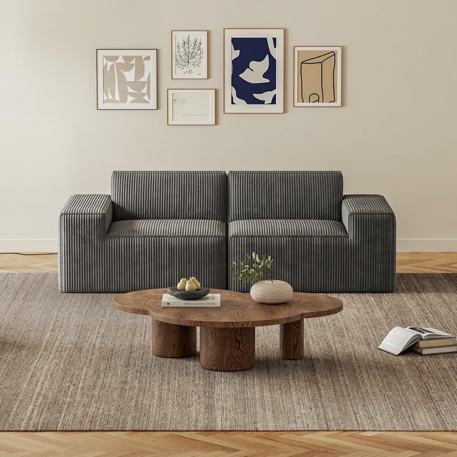 Sofá modular secional de veludo cotelê de 2 lugares com vácuo comprimido