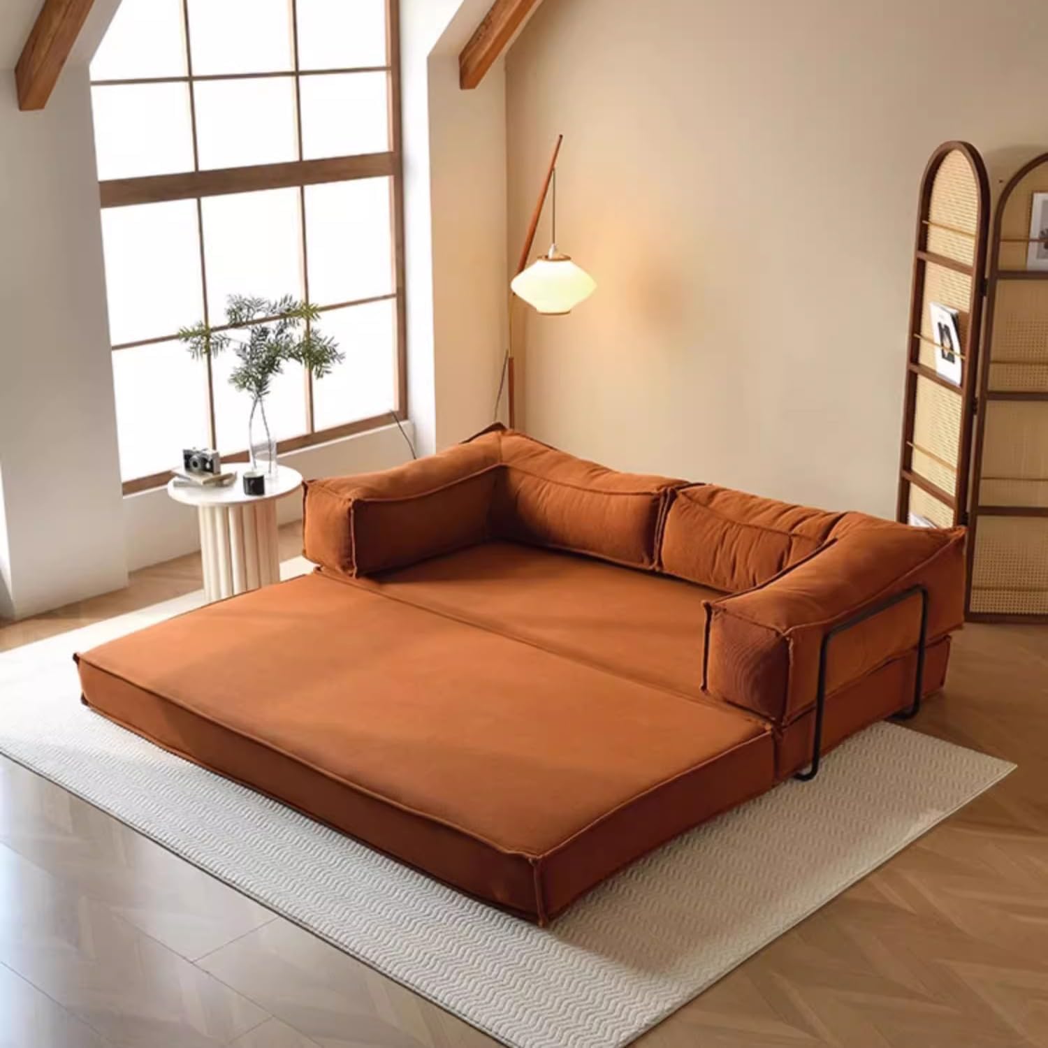 Sofá-cama secional conversível, almofada retangular e braço