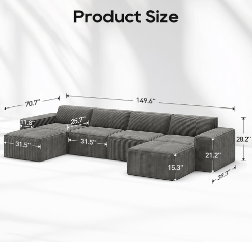 Sofá secional modular de veludo cotelê com 4 lugares e esponja compressível 30D