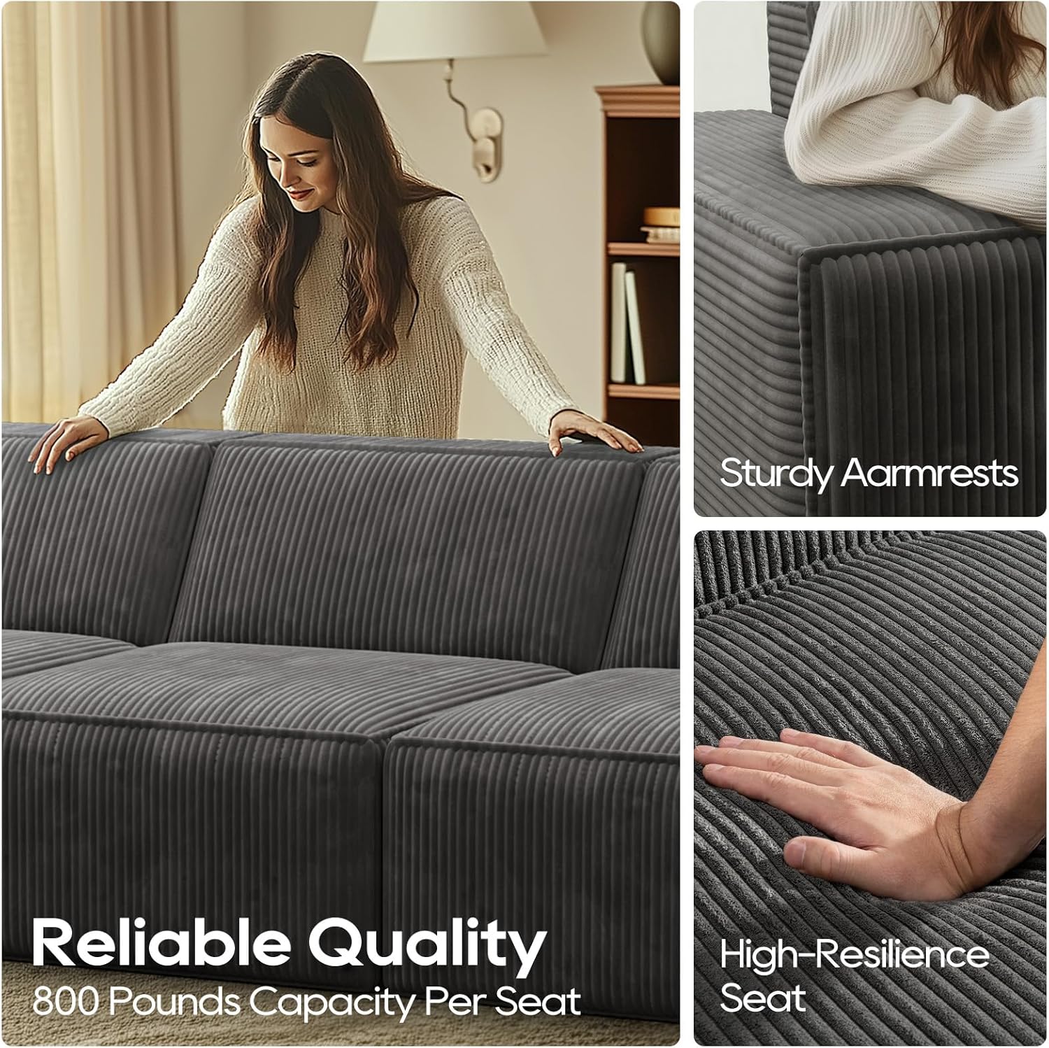 Sofá secional modular de veludo cotelê com 4 lugares e esponja compressível 30D