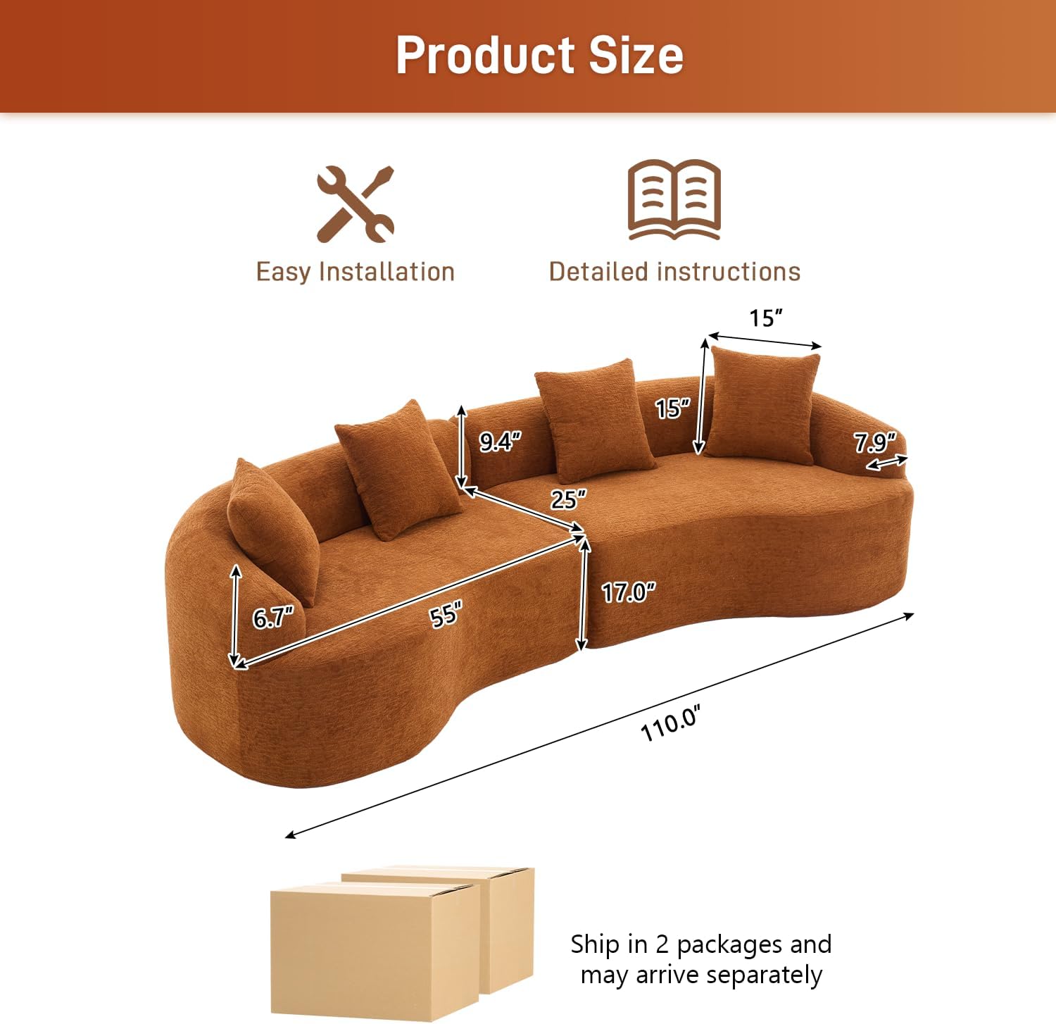 Conjunto de sofá curvo moderno e minimalista de 110"