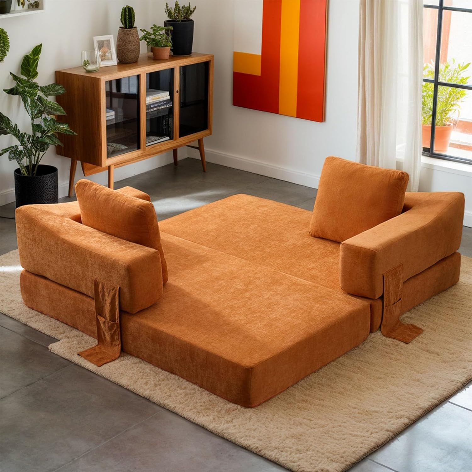 Sofá de espuma comprimida de 70" para sala de estar com cama retrátil e apoios de braços removíveis