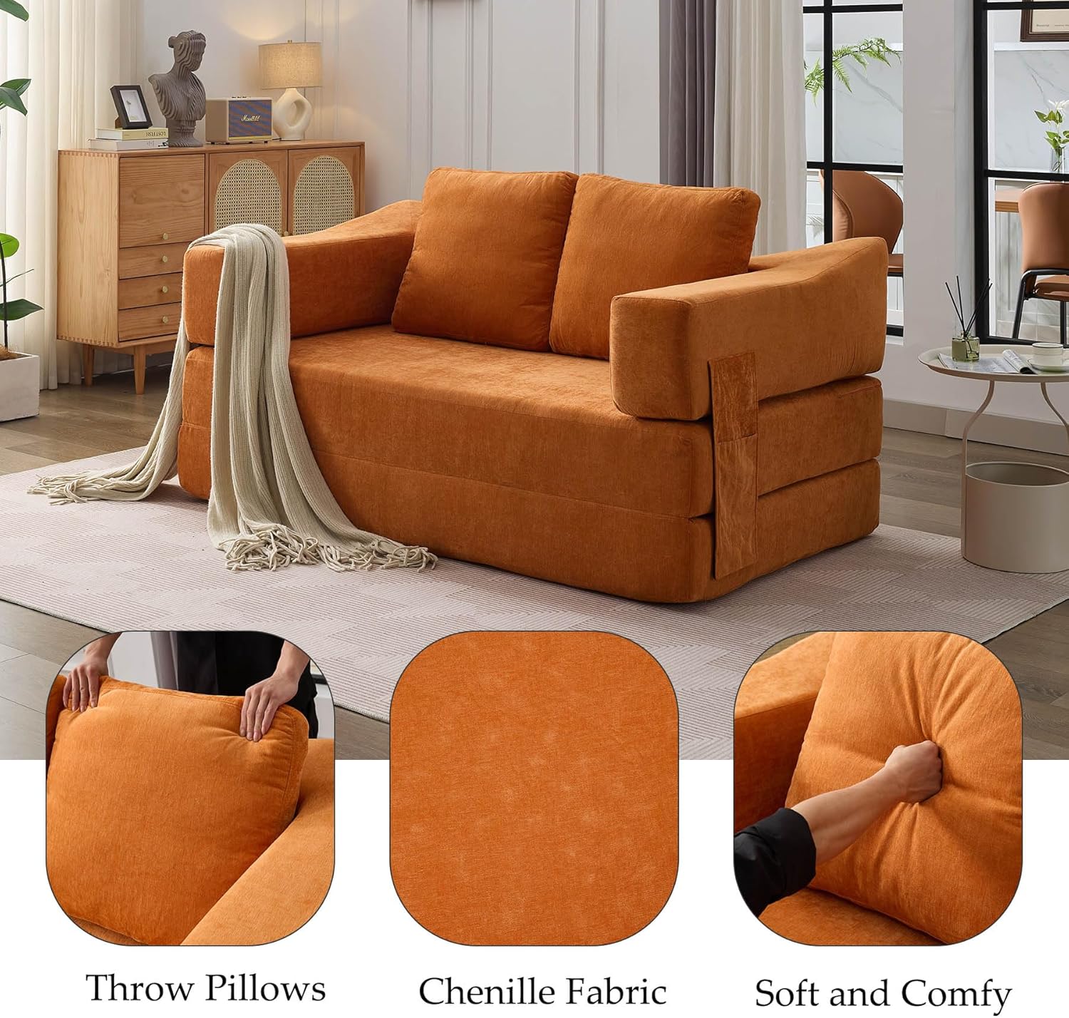 Sofá de espuma comprimida de 70" para sala de estar com cama retrátil e apoios de braços removíveis