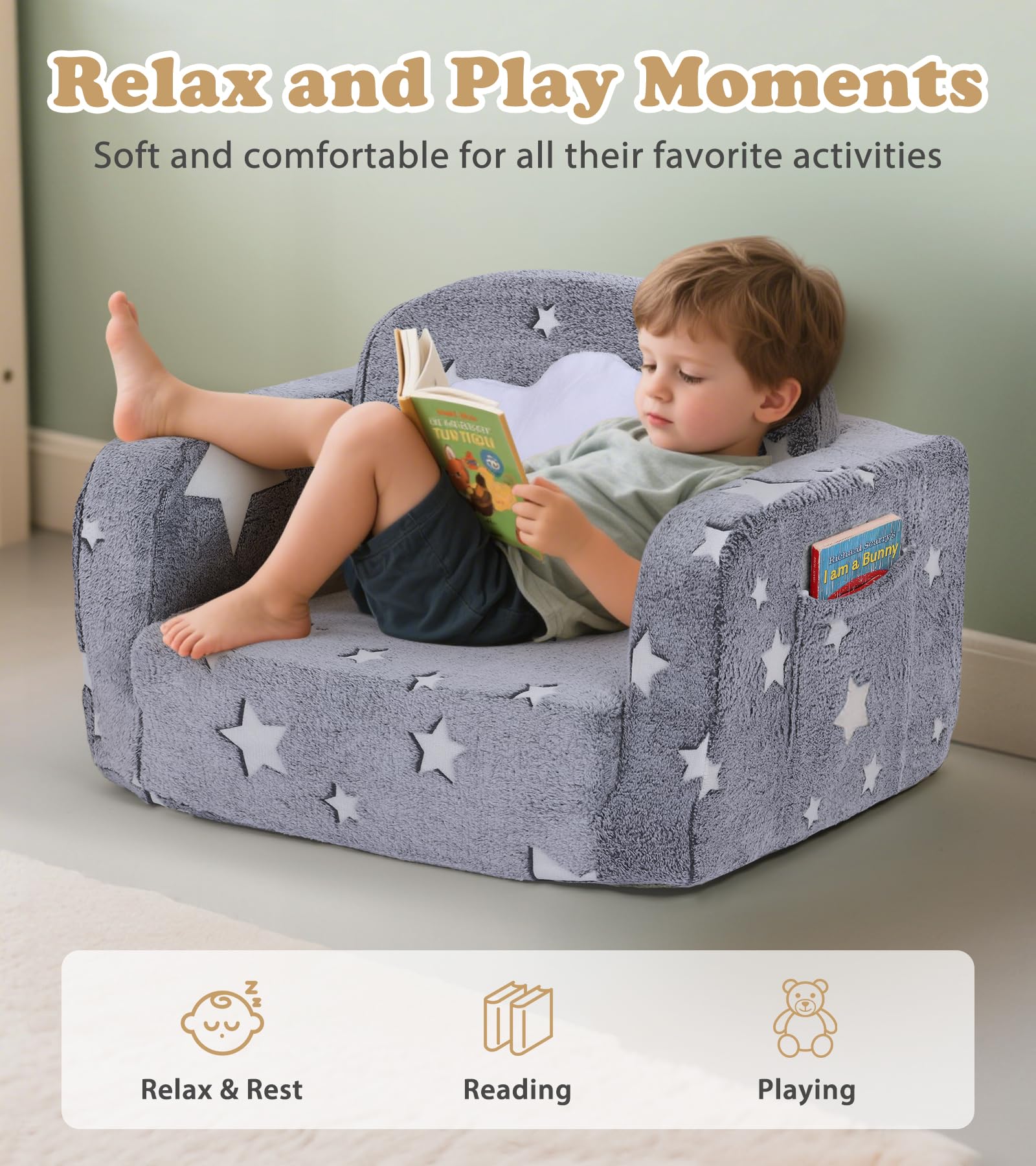 Sofá-cama infantil dobrável que brilha no escuro