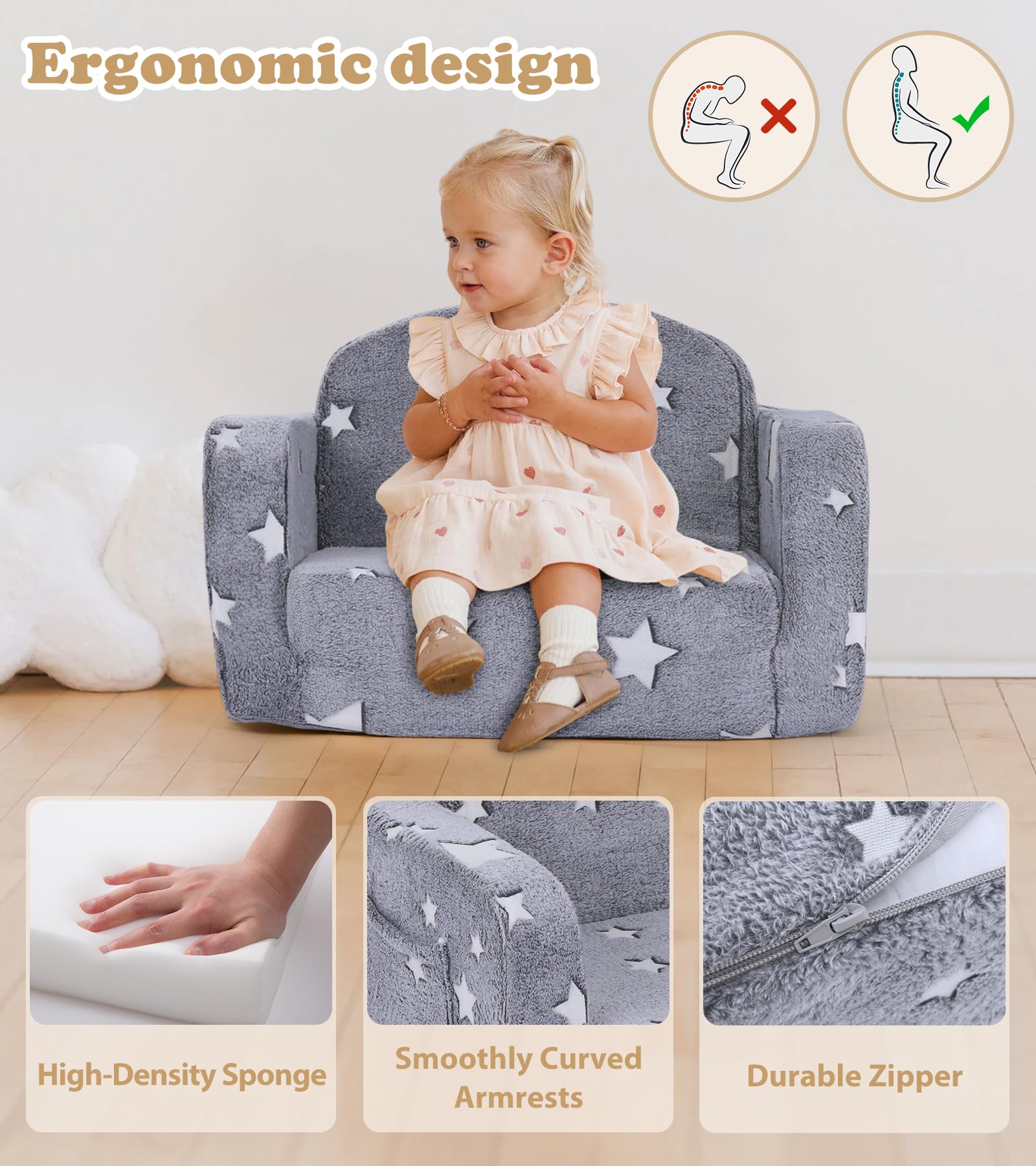 Sofá-cama infantil dobrável que brilha no escuro