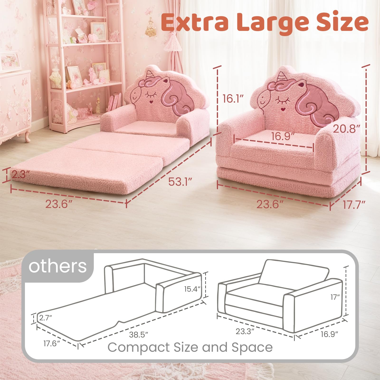 Sofá-cama infantil dobrável 2 em 1 de espuma comprimida