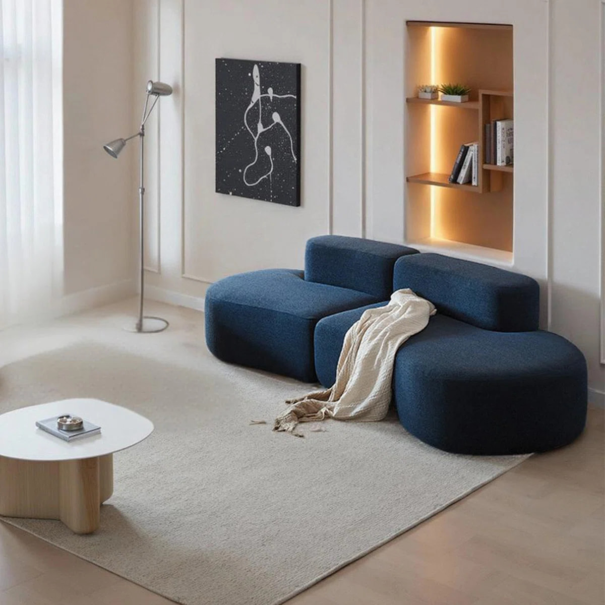 Sofá secional curvo moderno com tecido Sherpa e espuma comprimida